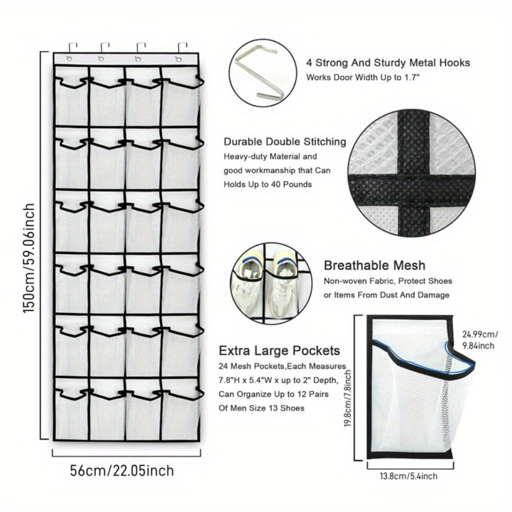Over Door Shoe Organizer 24 Large Mesh Pockets – Foldable Breathable Hanging Storage Rack, Durable Fabric Closet Hanger for Shoes & Accessories, Space-Saving Door Organization