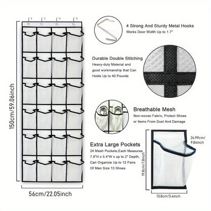 Over Door Shoe Organizer 24 Large Mesh Pockets – Foldable Breathable Hanging Storage Rack, Durable Fabric Closet Hanger for Shoes & Accessories, Space-Saving Door Organization