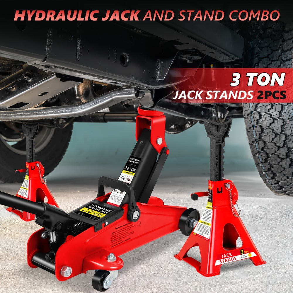Hydraulic Floor Jack Kit 2/2.5/3 Ton Low Profile Trolley Jack with Jack Stands, Tire Repair Kit, Wheel Wrench & Wheel Chock Combo - Red/Blue