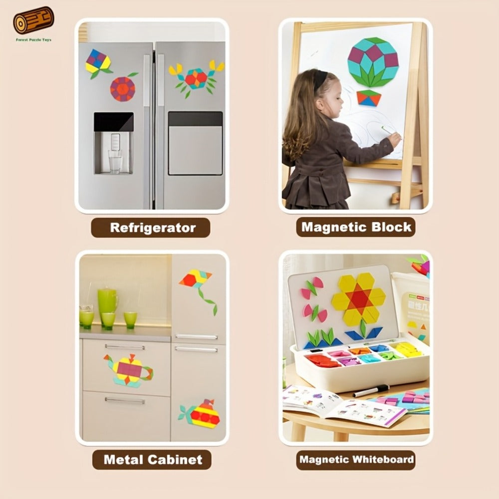 Magnetic Wooden Puzzle Blocks 128 180 220 Piece Set, Geometric Figures Cognitive Learning STEM Toy for Kids