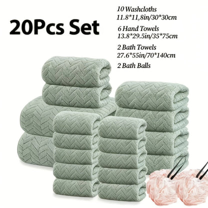 Bath Towels Set 18 or 20 Piece Coral Fleece Mix with Washcloths and Bath Ball in Multiple Colors