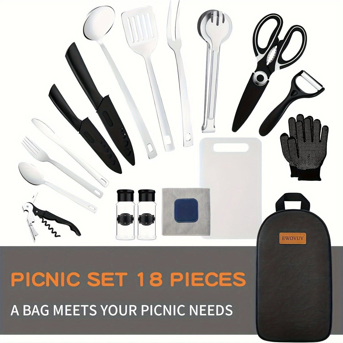 Camping Cookware Set, 18-Piece Stainless Steel Camp Kitchen Utensil Kit with Knives, Flatware and Organizer Case