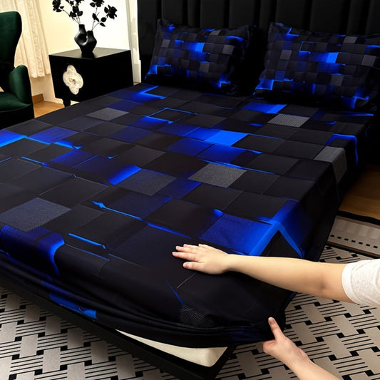 Fitted Sheet Set 3pcs Plaid Digital Print Deep Pocket 15" All Season Bed Sheet + 2 Pillowcases No Filling Twin Full Queen King