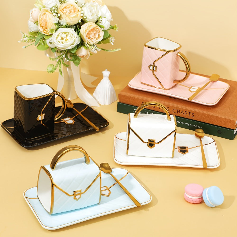 Four-Piece Purse-Shaped Coffee Mug Set with 10oz Cups, Matching Saucers and Metal-Look Spoons