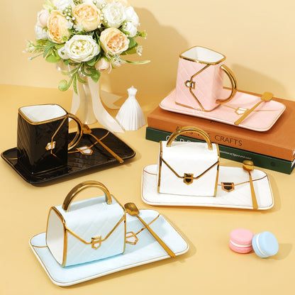 Four-Piece Purse-Shaped Coffee Mug Set with 10oz Cups, Matching Saucers and Metal-Look Spoons