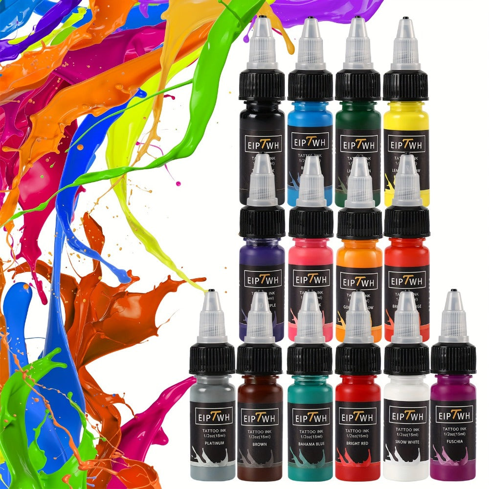 Tattoo Ink Set 14 Colors — EIPTWH 15ml Vivid Pigment Kit, Long-Lasting Skin-Safe Formula, Complete Professional & Beginner Color Palette for Body Art