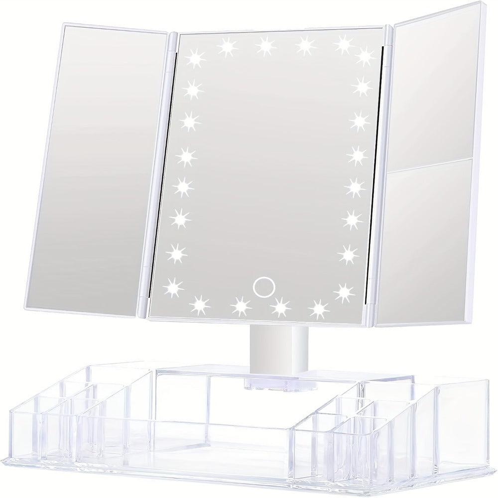 Makeup Mirror Tri-Fold Vanity with 24 LEDs, 1X 2X and 3X Panels, Touch Dimming, Storage Base and Dual Power