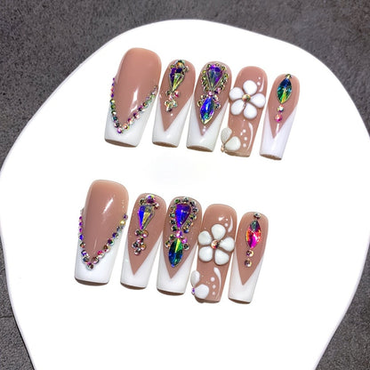 Press On Nails 10-Piece Square French-Tip Set with Nude White Gloss, AB Rhinestones and Floral Design