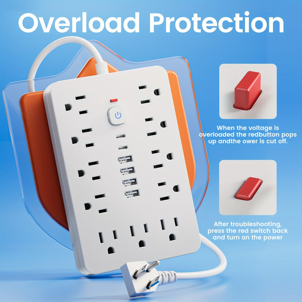 Power Strip 17-in-1 Flat-Plug Surge Protector with 11 AC Outlets, 4 USB-A, 2 USB-C and Spacious Outlet Layout