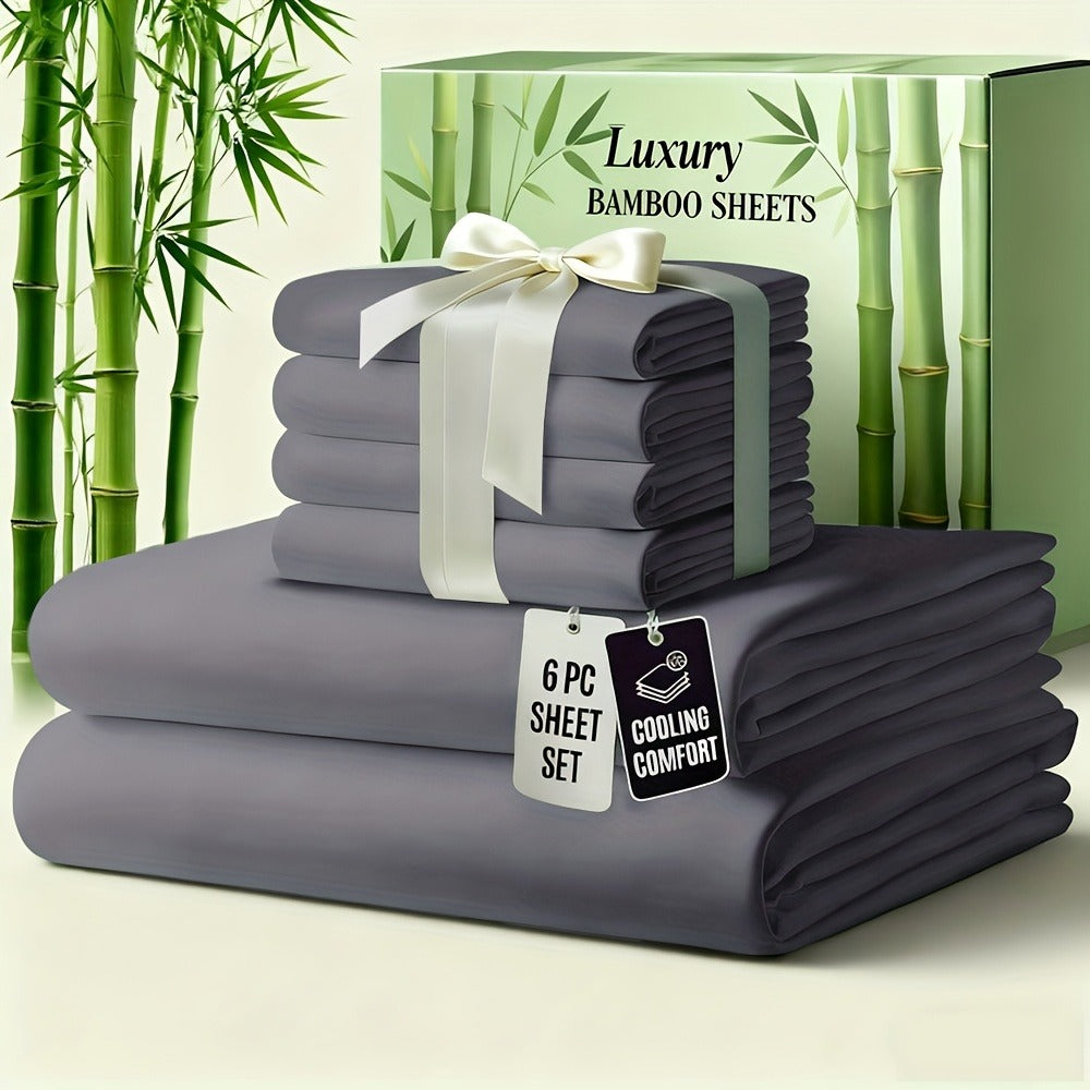 Bed Sheet Set 6-Piece Bamboo-Viscose Microfiber Blend with Twill Weave and 40–44 cm Pocket