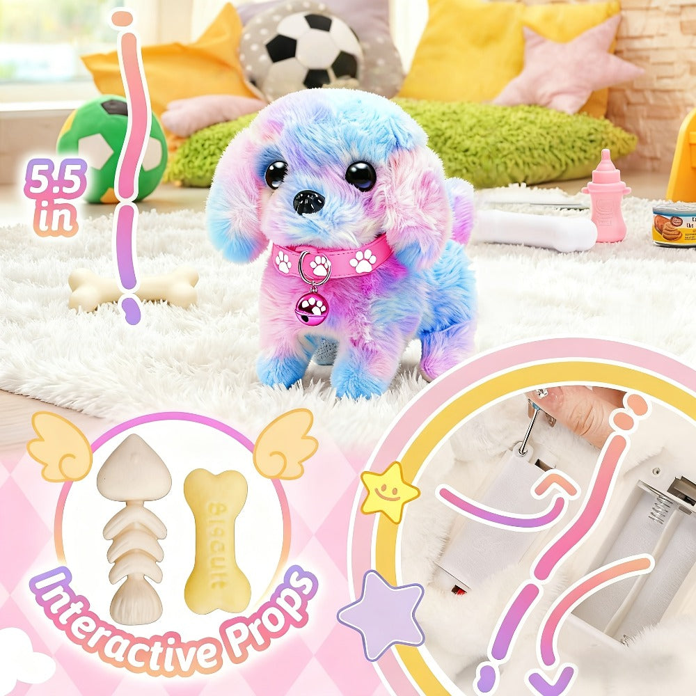 Walking Barking Electric Plush Puppy Toy That Walks Wags Tail & Barks, Realistic Interactive Pet Dog with Leash Bone Bow Tie