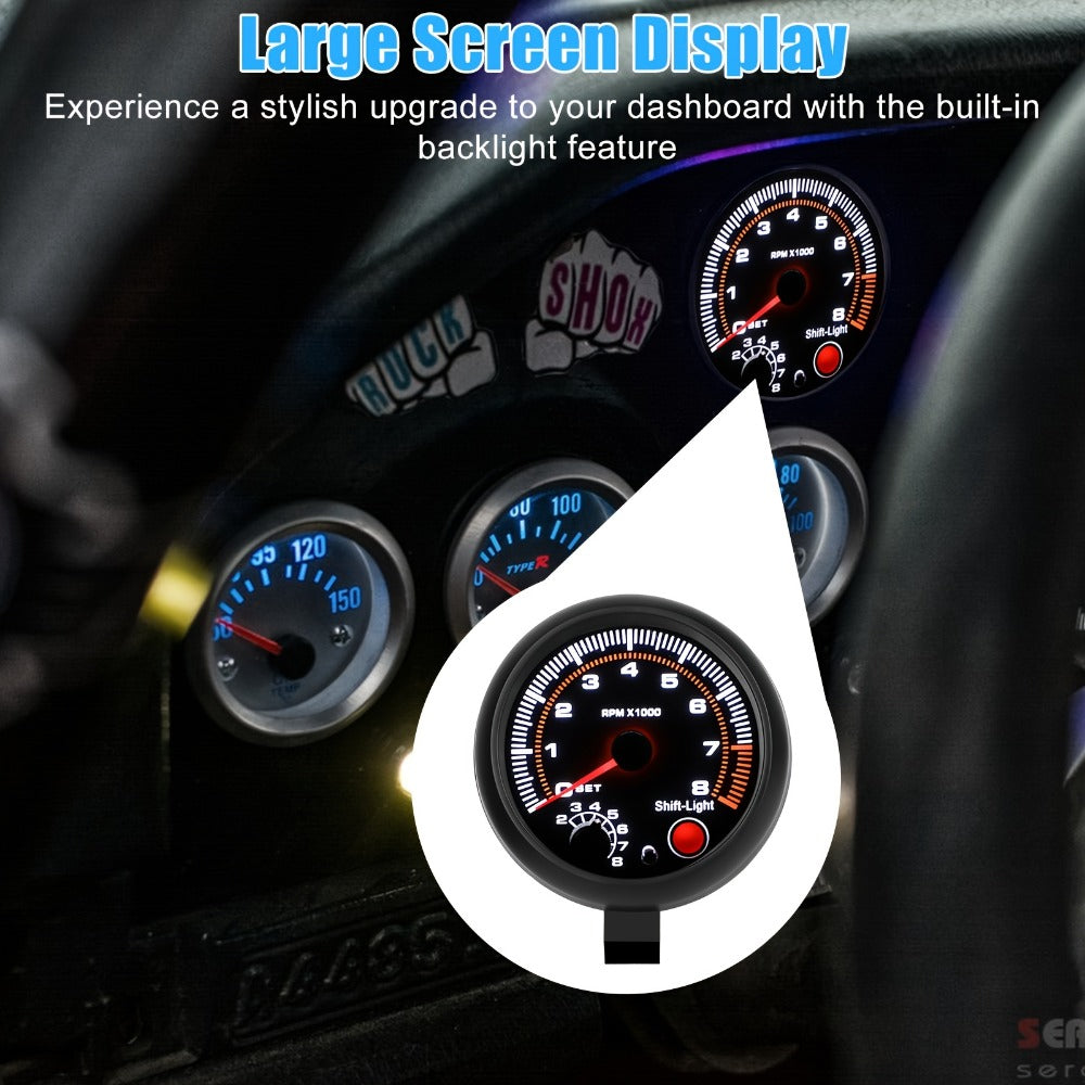 Car Tachometer Gauge 12V 0-8000 RPM 3.75 Inch - LED Shift Light, ABS Black Dial for 4 6 8 Cylinder Petrol Engines, Universal Fit with Accessories Kit