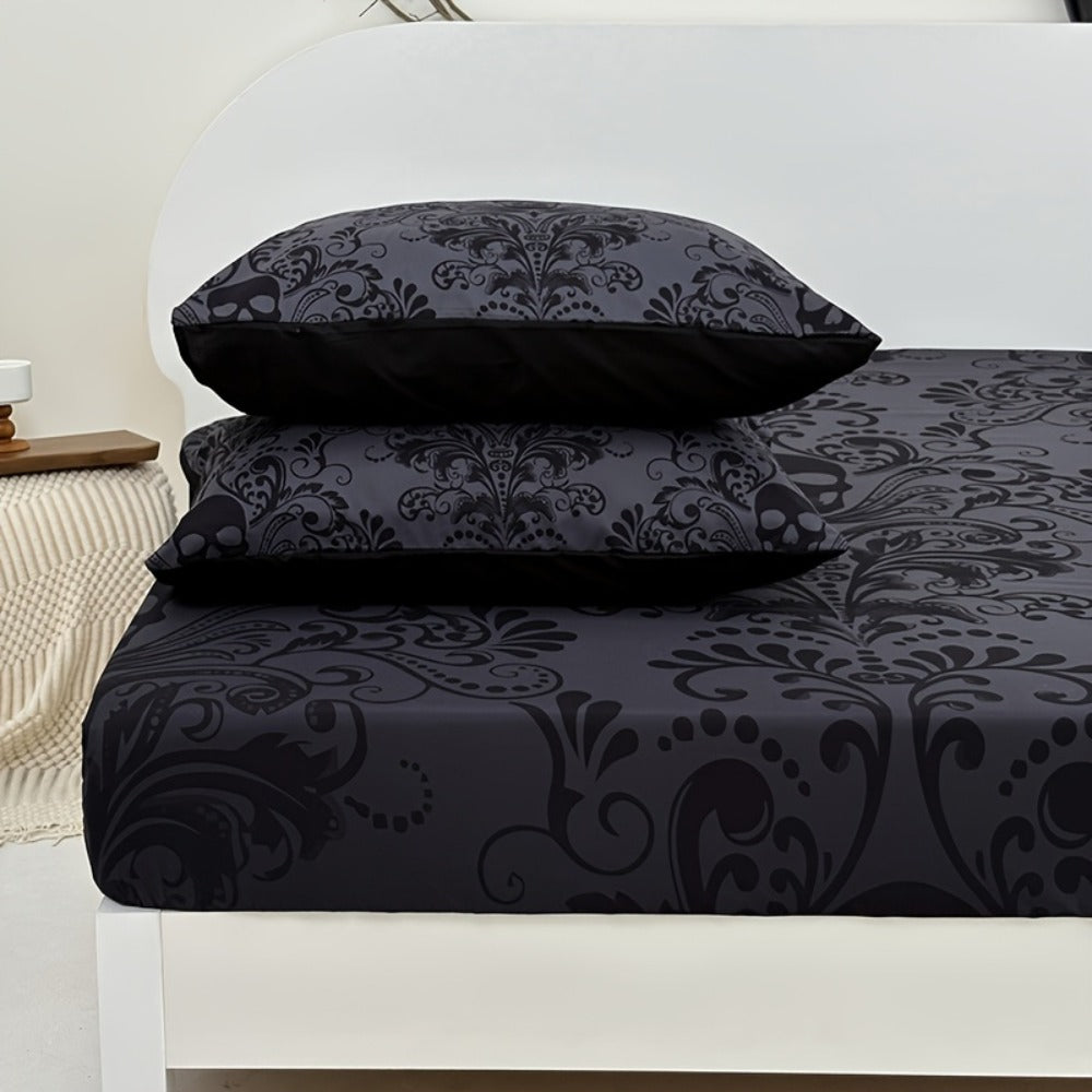 Gothic Skull Fitted Sheet Set 3-Piece – Victorian Baroque Halloween Bedding | 1 Deep Pocket Fitted Sheet + 2 Pillowcases | Machine Washable Hypoallergenic Polyester | Twin Full Queen King