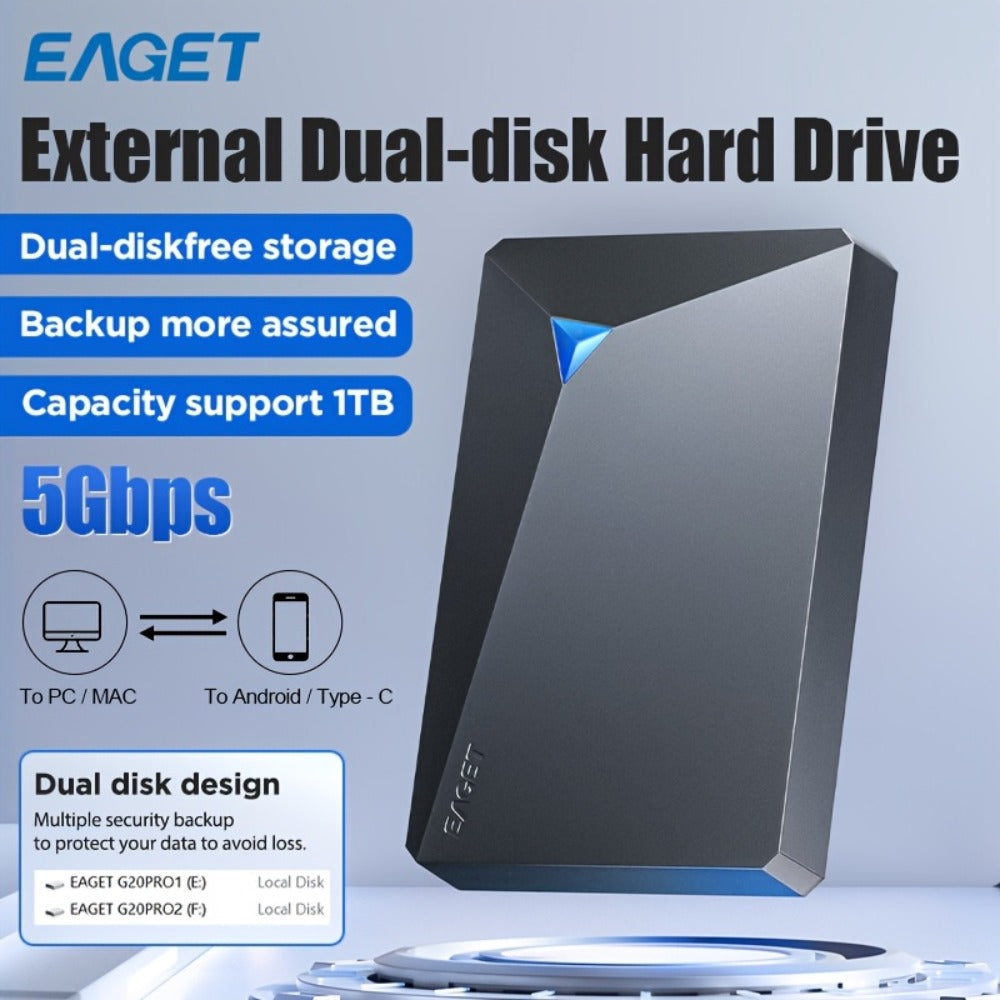 Dual-Disk 1TB Portable Hard Drive with USB 3.0 Interface, EAGET G20 Pro Black Enclosure and Type-C Diagram