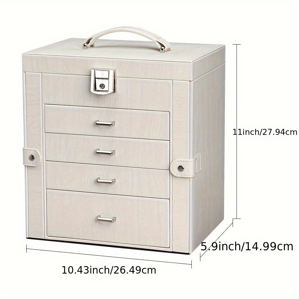 Large Jewelry Box 5-Tier PU Leather Organizer with Lock & Mirror – Storage Case for Bracelets, Earrings, Rings & Necklaces