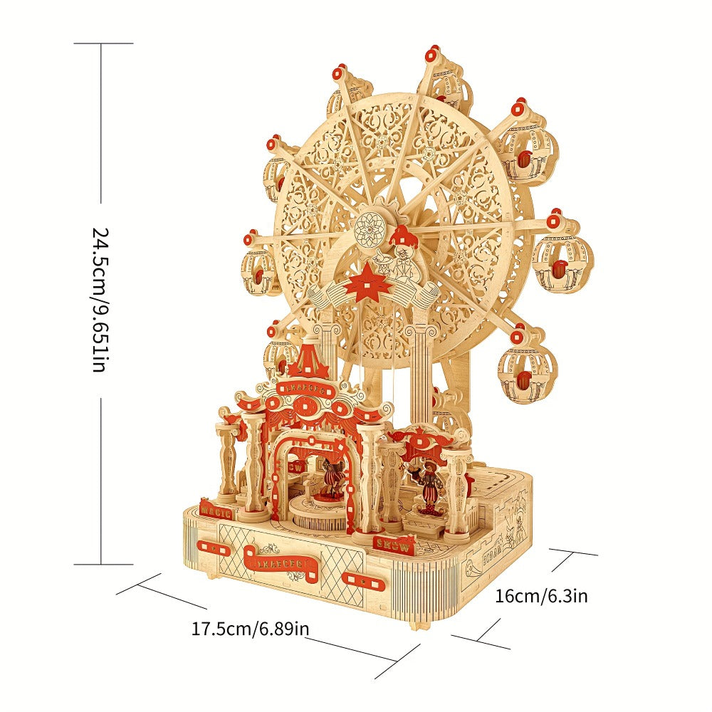 DIY Wooden Ferris Wheel Music Box Kit – 3D Mechanical Spinning Puzzle Model with Gift Box, Romantic Handcrafted Decor Gift for Adults Teens Birthday Valentine's Day Anniversary Christmas