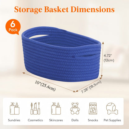 Basket Storage Organizer 6-Pack Cotton Rope Cube Bins 11 x 7 x 5 Inch in Five Color Options
