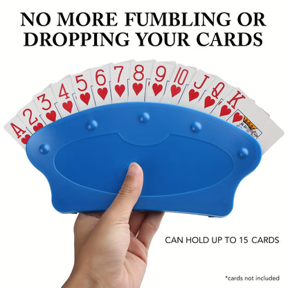 Four-Piece Blue Playing Card Holder Rack Set with Hands-Free Stands for Up to 15 Bridge or Poker Cards Each