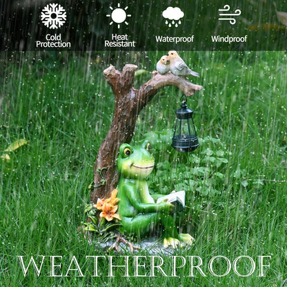 Solar Garden Lights Frog Reading Statue with Lantern, One-Piece Resin Lawn and Patio Ornament