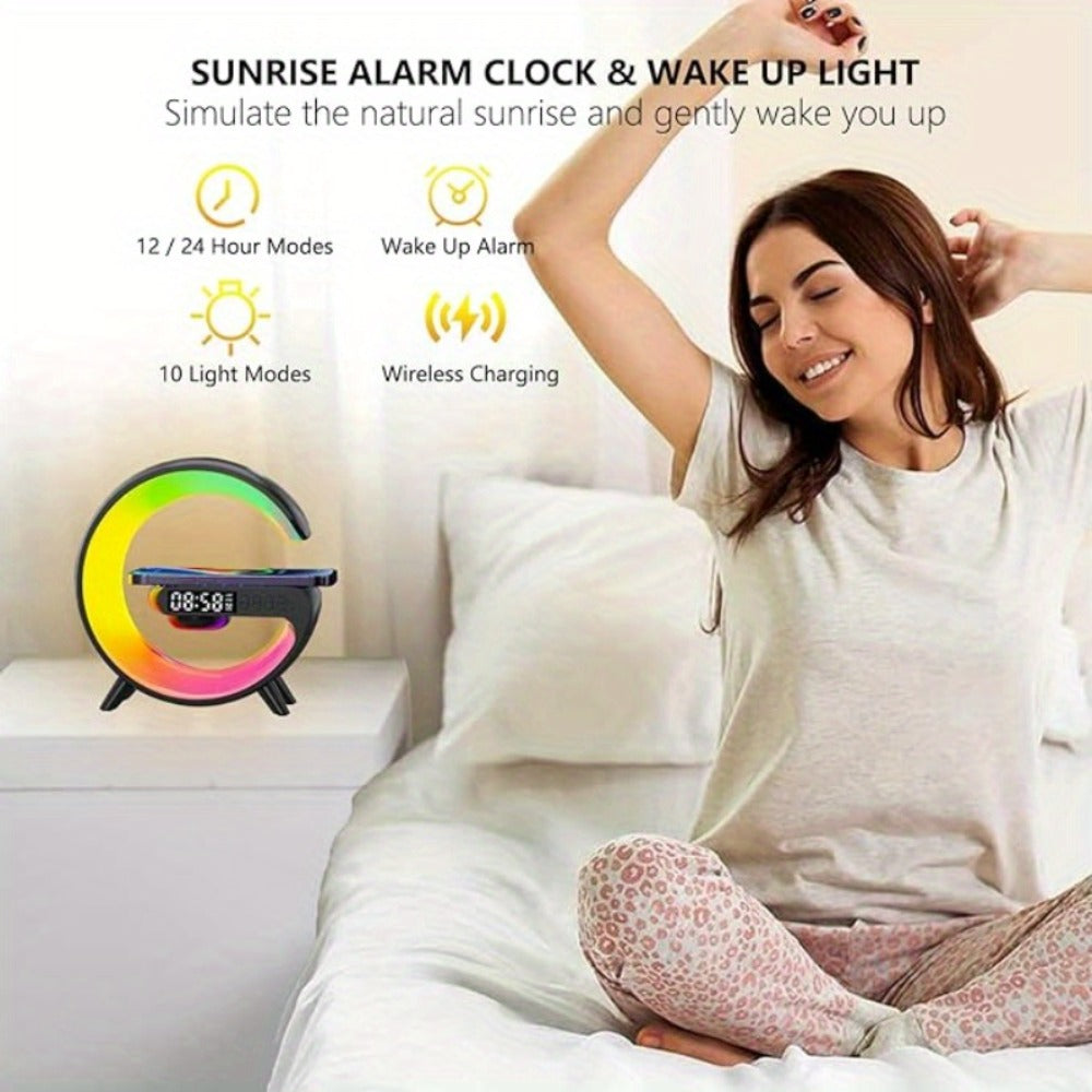 G-Shaped RGB Wireless Charging Lamp with Alarm Clock, Bluetooth Speaker and Black or White Finish
