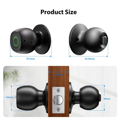 Wireless Smart Door Knob Lock with Fingerprint & App Control - 3-in-1 Biometric Keyless Entry, Auto-Lock, Remote Access Management for Bedroom, Home, Hotel & Office, Easy DIY Install, Black
