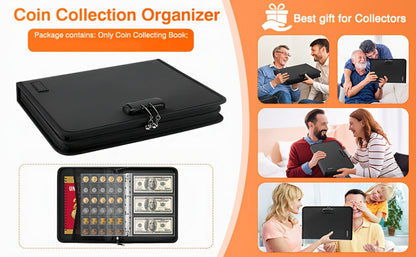 Locking Coin and Currency Collection Album with 300 Coin Pockets and 72 Bill Sleeves in a Black Carrying Case
