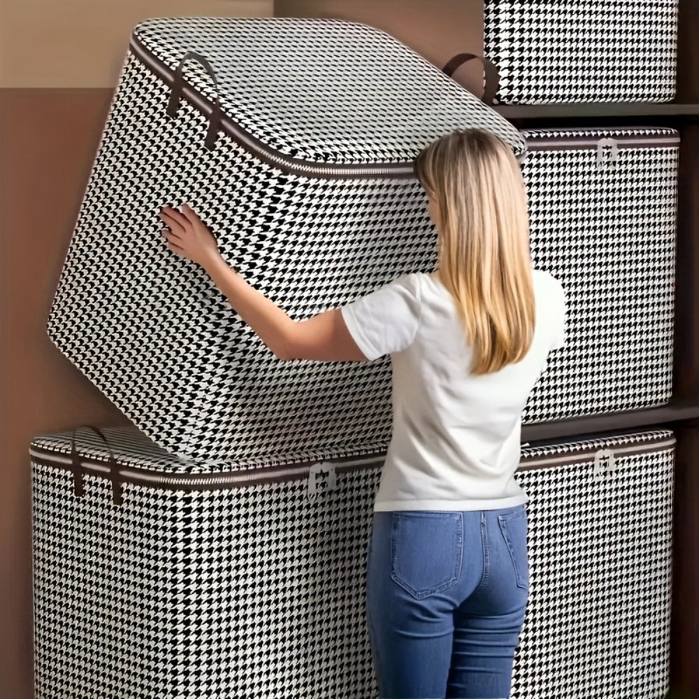 Large 160 L Houndstooth Fabric Storage Bag with Double Zippers, Carry Handles and Foldable Square Shape