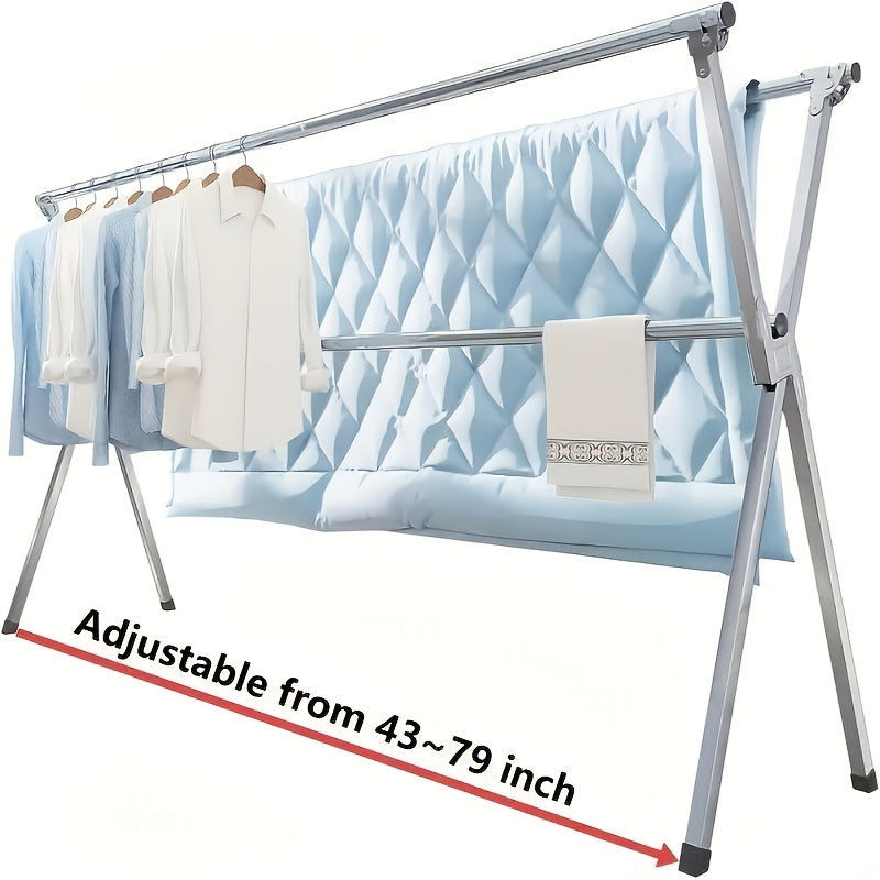 Clothes Drying Rack Collapsible Freestanding, Heavy Duty Stainless Steel Laundry Drying Rack Indoor Outdoor, Adjustable Garment Rack 63" & 79" with Clips