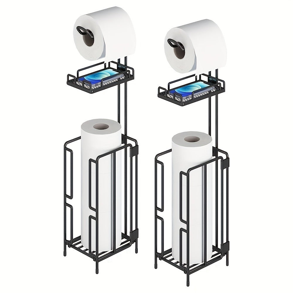 Freestanding Toilet Paper Holder with Square Reserve-Roll Cage, Upper Shelf and Single or Two-Pack Options