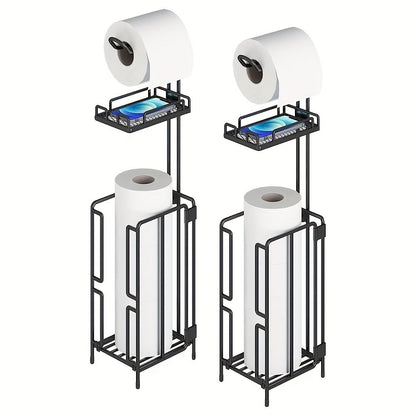 Freestanding Toilet Paper Holder with Square Reserve-Roll Cage, Upper Shelf and Single or Two-Pack Options