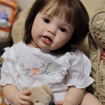 Reborn Baby Doll 24-Inch Cloth Body with Vinyl Limbs, Rooted Brown Hair, Open Eyes, Outfit and Feeding Accessories