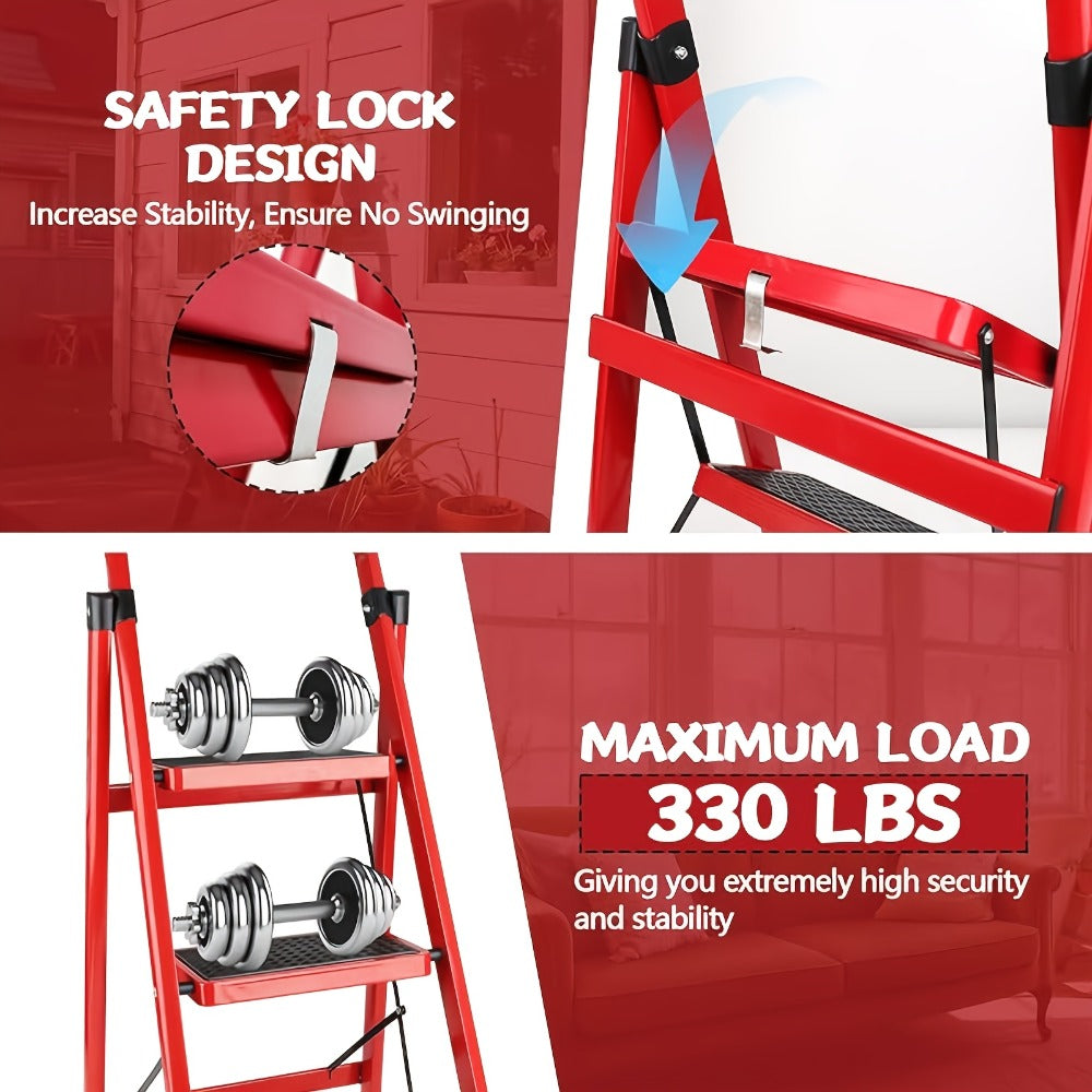 Red Five-Step Folding Ladder, 55.1 Inches Open with Padded Handrail, Side Tool Holder and Ribbed Treads