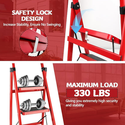 Red Five-Step Folding Ladder, 55.1 Inches Open with Padded Handrail, Side Tool Holder and Ribbed Treads