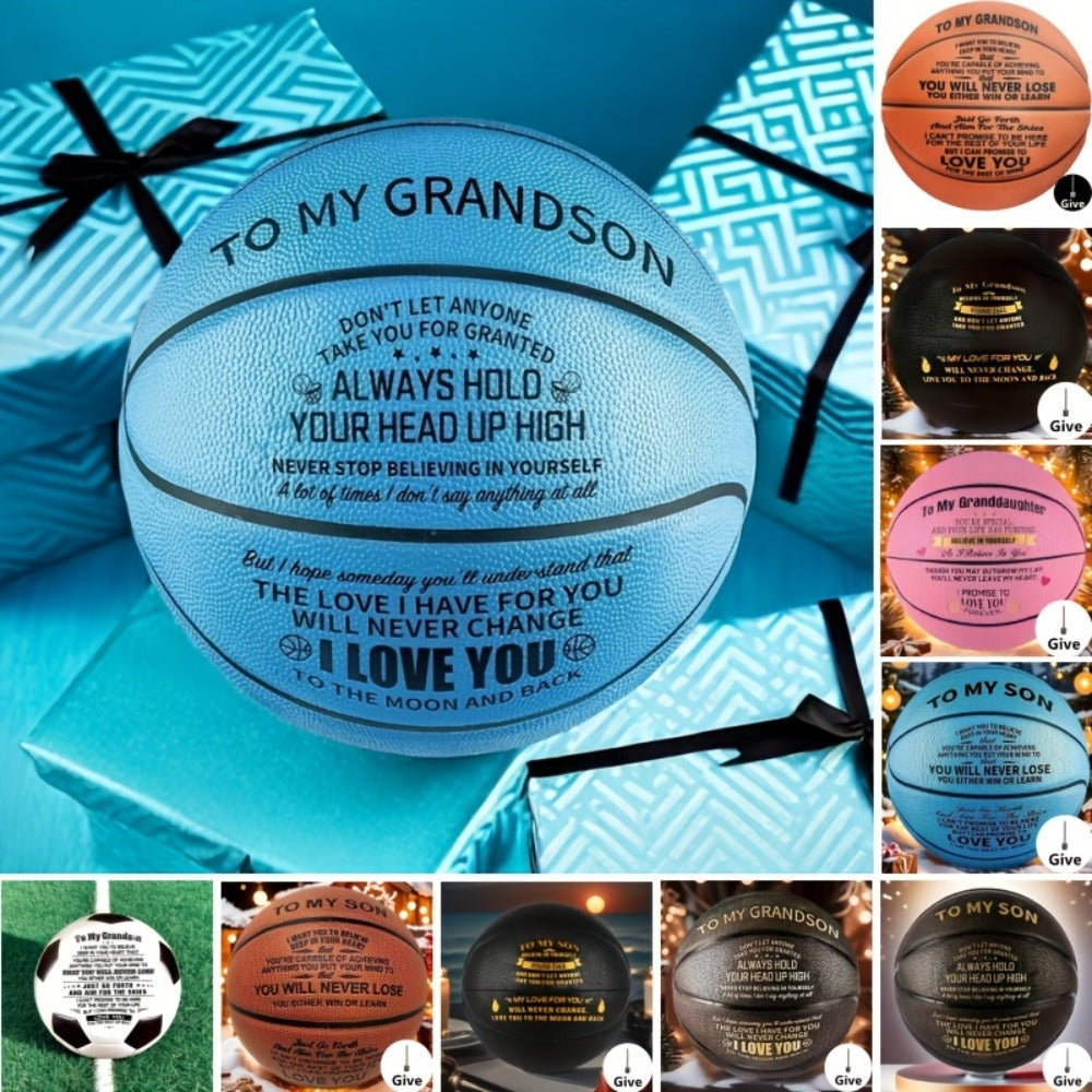 Message Basketball Gift for Son or Grandson with Eight Printed Design Options and Inflation Pump