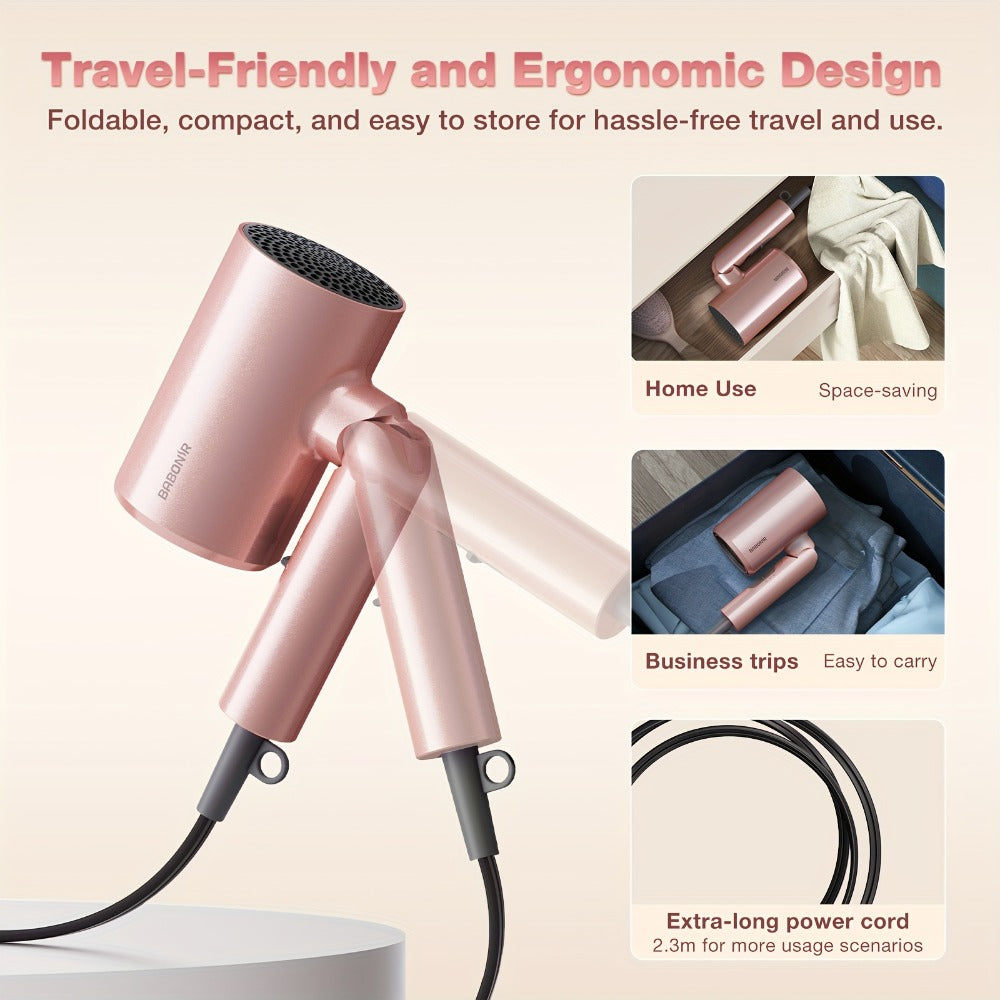 1875W Ionic Travel Hair Dryer Foldable with Diffuser & Concentrator Nozzle — Brushless Motor, 3 Heat Settings, 2 Speeds, Fast Drying Compact Blow Dryer for All Hair Types, Pink or Gray