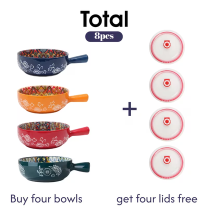 Ceramic Bowl Set with Lids 8-Piece Bohemian Soup Noodle Salad Bowls – Microwave Dishwasher Oven Safe Colorful Dinnerware for Meal Prep Family Dining Gifting