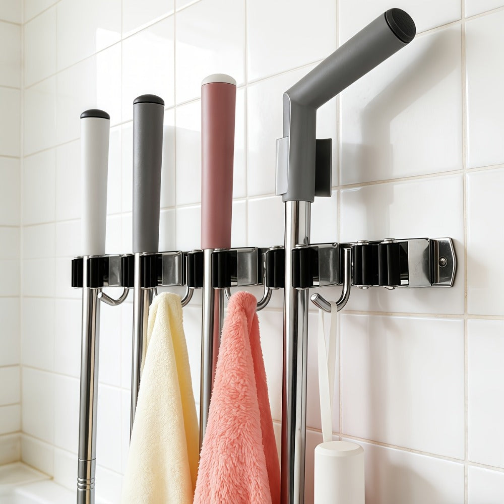 Mop and Broom Holder Wall Mount – Stainless Steel Heavy Duty Self Adhesive Rack with 5 Slots & 4 Hooks, No-Drill Storage Organizer for Kitchen Garage Laundry Garden Home