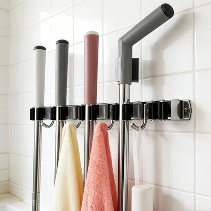 Mop and Broom Holder Wall Mount – Stainless Steel Heavy Duty Self Adhesive Rack with 5 Slots & 4 Hooks, No-Drill Storage Organizer for Kitchen Garage Laundry Garden Home
