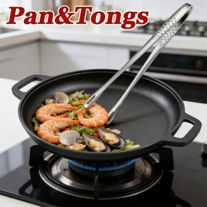 28cm Cast Iron Skillet Bundle with Barbecue Tongs and Optional 304 Stainless Steel Box in 2- or 3-Piece Sets