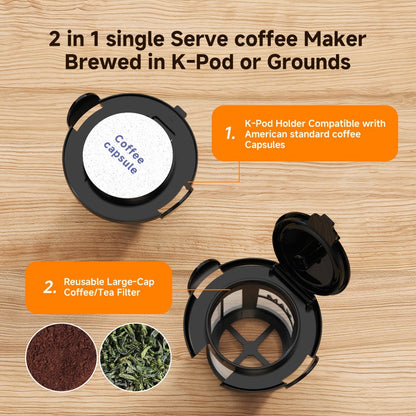 Compact Single-Serve Coffee Maker for Pods or Grounds with One-Button Control and Black or White Finish