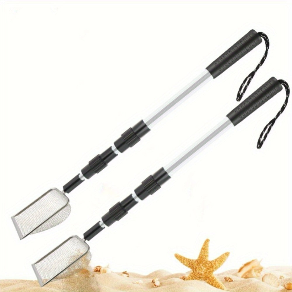 Three-Section Telescopic Beach Sand Sifter with Rectangular Mesh Basket, Wrist Strap and Retractable Handle