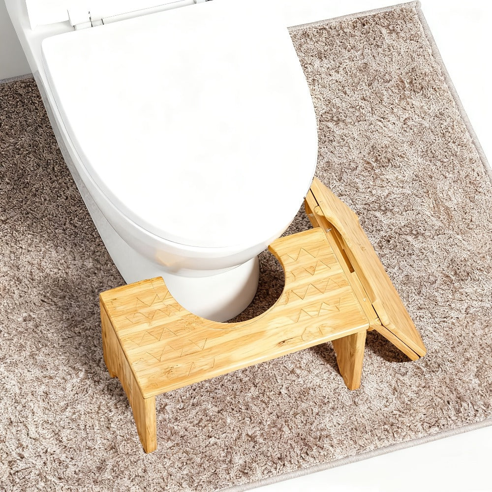 Foldable Bamboo Toilet Footstool with 7-Inch Height, Curved Opening and Anti-Slip Feet for Bathroom Use