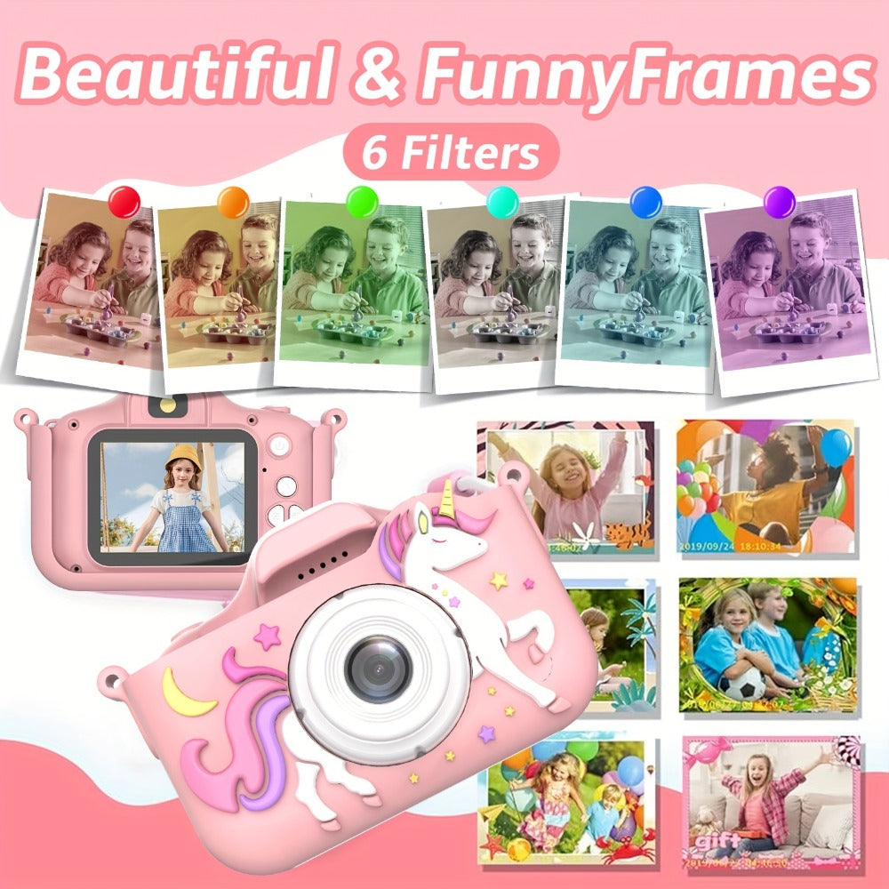 Kids Digital Camera with Rear Screen, Cartoon Unicorn or Dinosaur Shell and Pink, Purple, Blue or Green Options