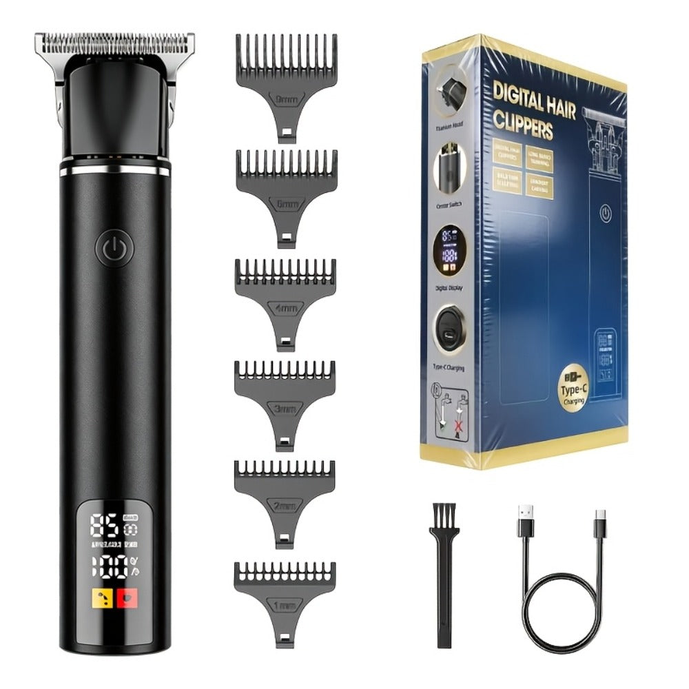 Hair Clipper Cordless Type-C Trimmer with LCD Display, Six Guide Combs and Two Finish Options