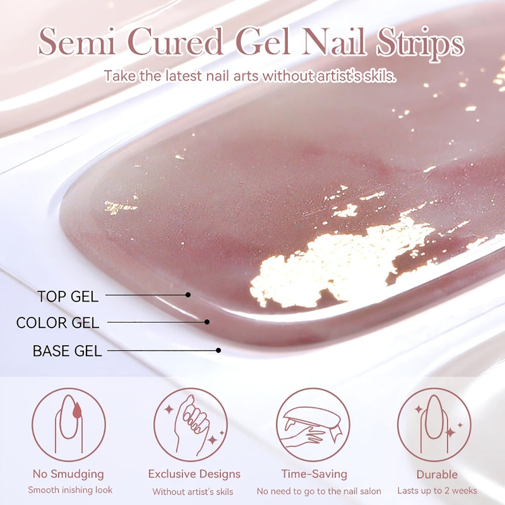 Semi-Cured Nail Sticker Kit with 20 Designs, Portable UV Lamp and Full-Coverage Nail Patches