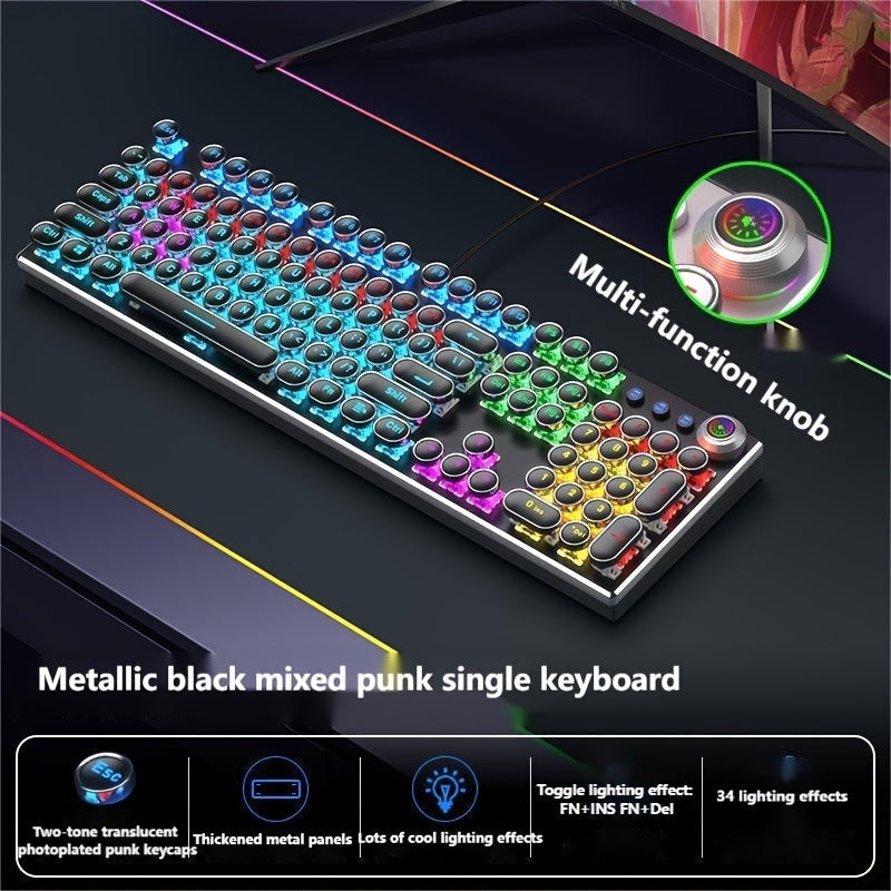 Mechanical Keyboard 104-Key Full-Size Wired USB Layout with Retro Round Keycaps, Backlighting and Control Knob