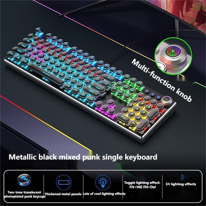 Mechanical Keyboard 104-Key Full-Size Wired USB Layout with Retro Round Keycaps, Backlighting and Control Knob