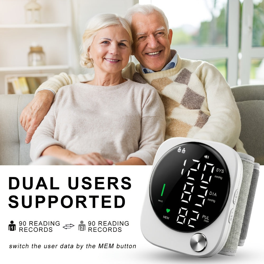 Blood Pressure Monitor Wrist Device with LCD Display, Voice Readout, Dual-User Memory and USB Rechargeable Power