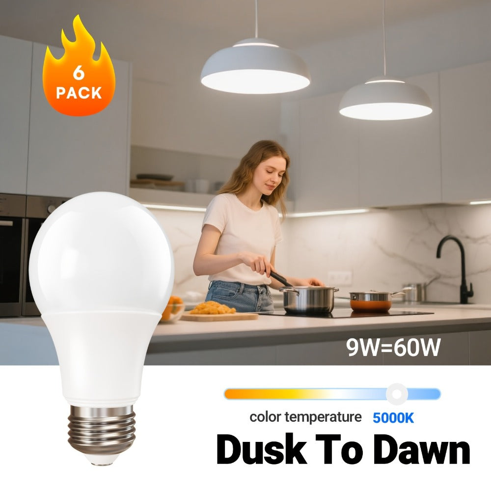Dusk to Dawn LED Light Bulbs Photocell Sensor Auto On Off - 9W 60W Equivalent E26 Base 5000K for Home, Desk and Accent Lighting