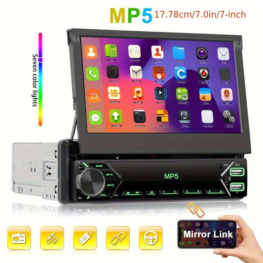 Single DIN Car Stereo - 7" HD Retractable Touchscreen, MP5 Player, Mirror Link, Bluetooth Hands-Free, FM Radio, USB & AUX, Colorful Backlight, 45W x4 Output